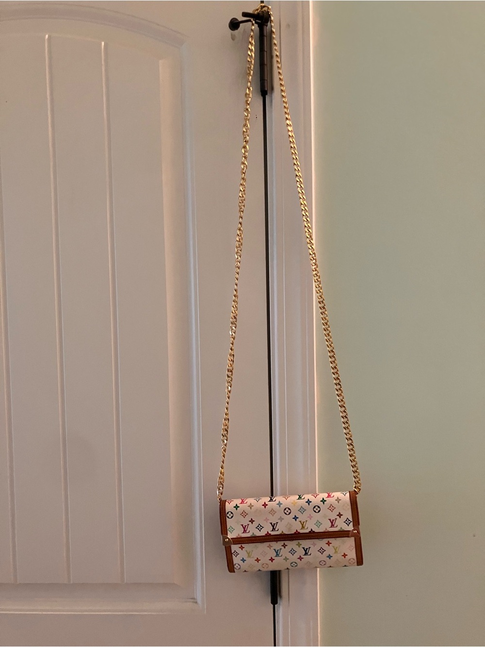 Louis Vuitton Multicolor Monogram White Flap Wallet on Chain with Gold Chain